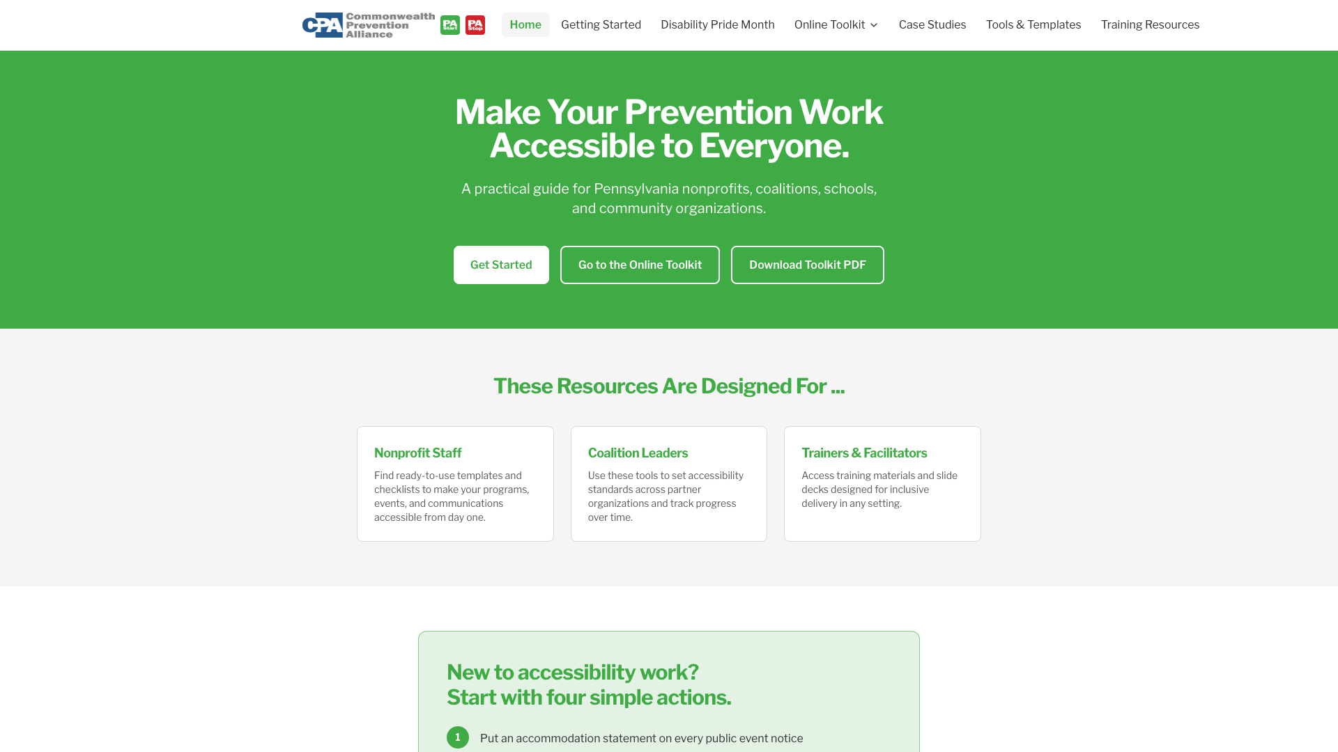 Prevention Accessibility Toolkit homepage with audience cards and links to getting started and the toolkit.