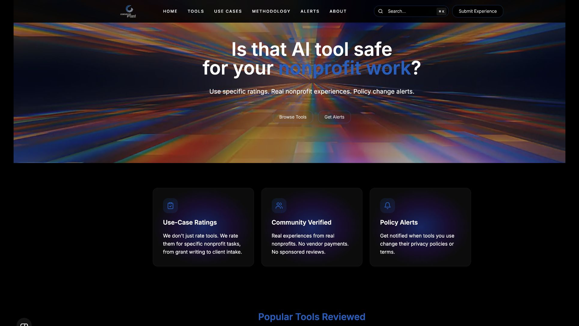 Nonprofit AI Tool Check homepage introducing use-case ratings, community experiences, and policy alerts.