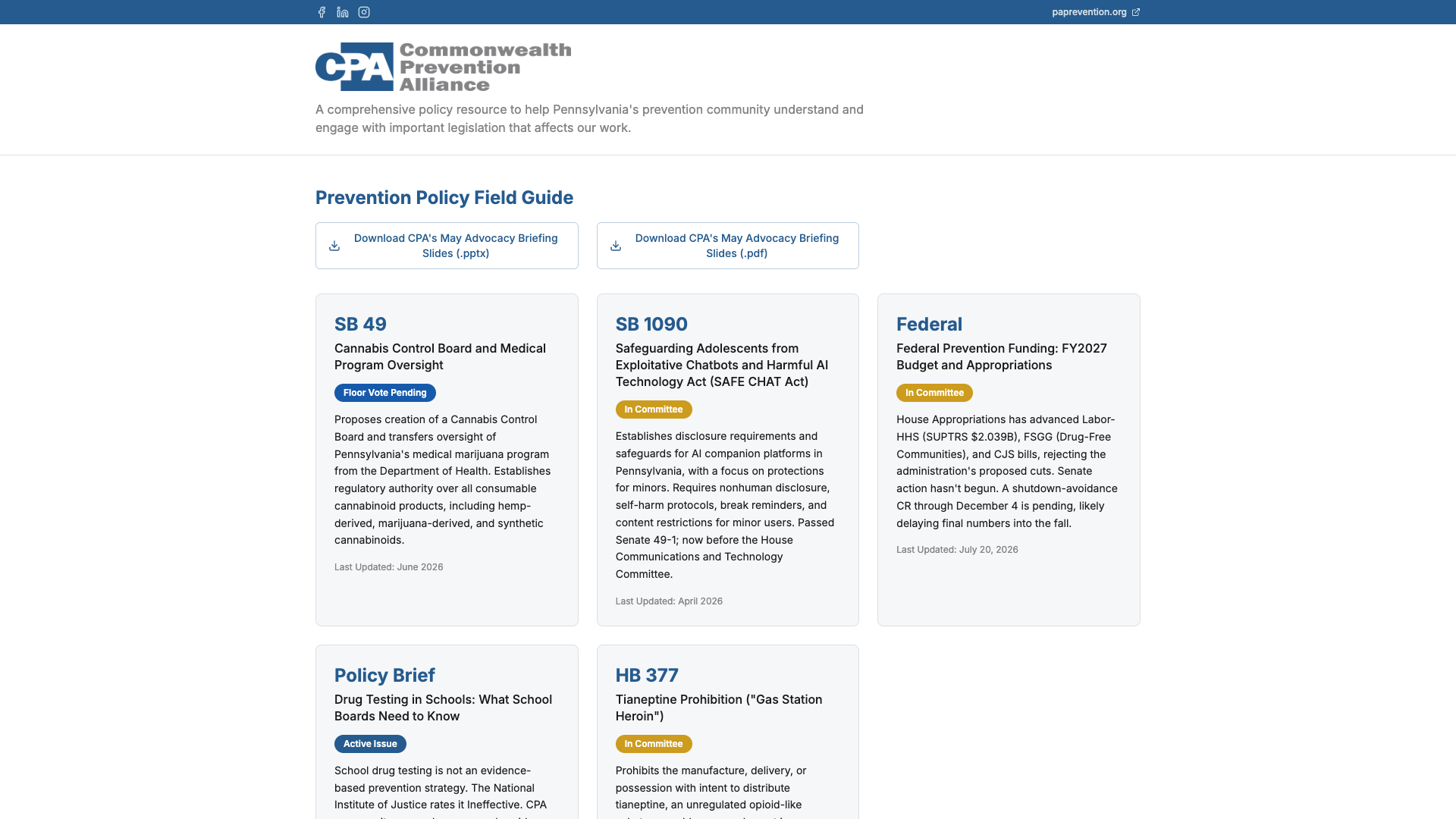 Prevention Policy Field Guide showing issue cards and downloadable advocacy briefing materials.