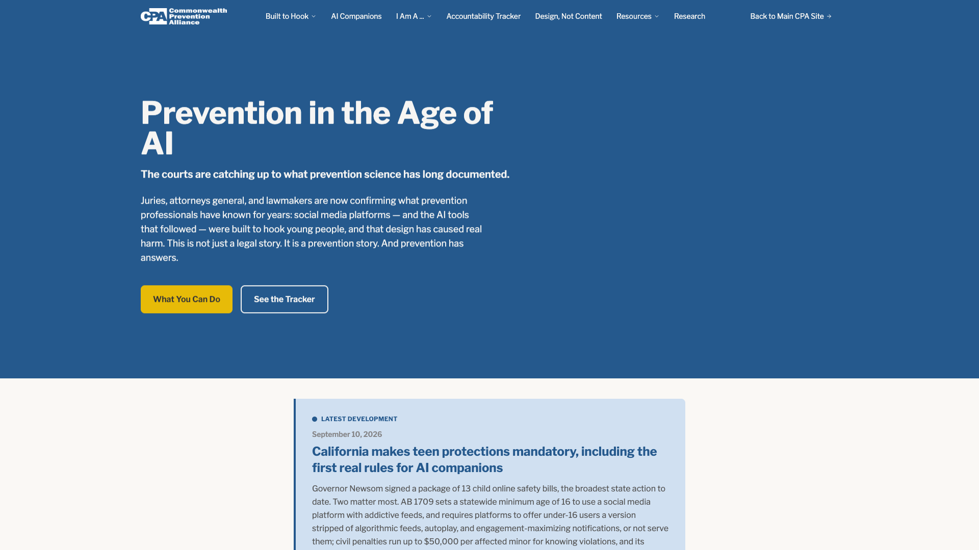 Prevention in the Age of AI homepage introducing social media, AI, and youth wellbeing resources.