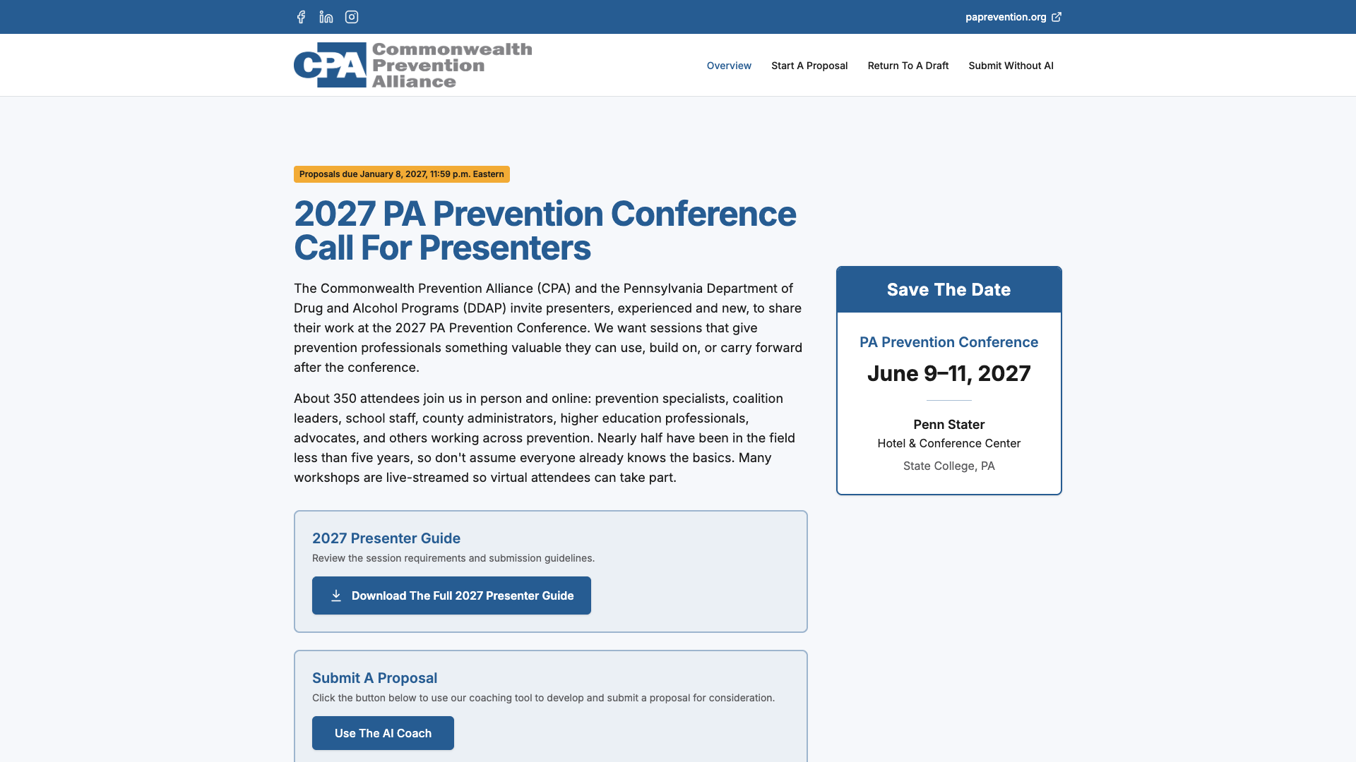 2027 PA Prevention Conference call for presenters with event dates and proposal-coach entry point.