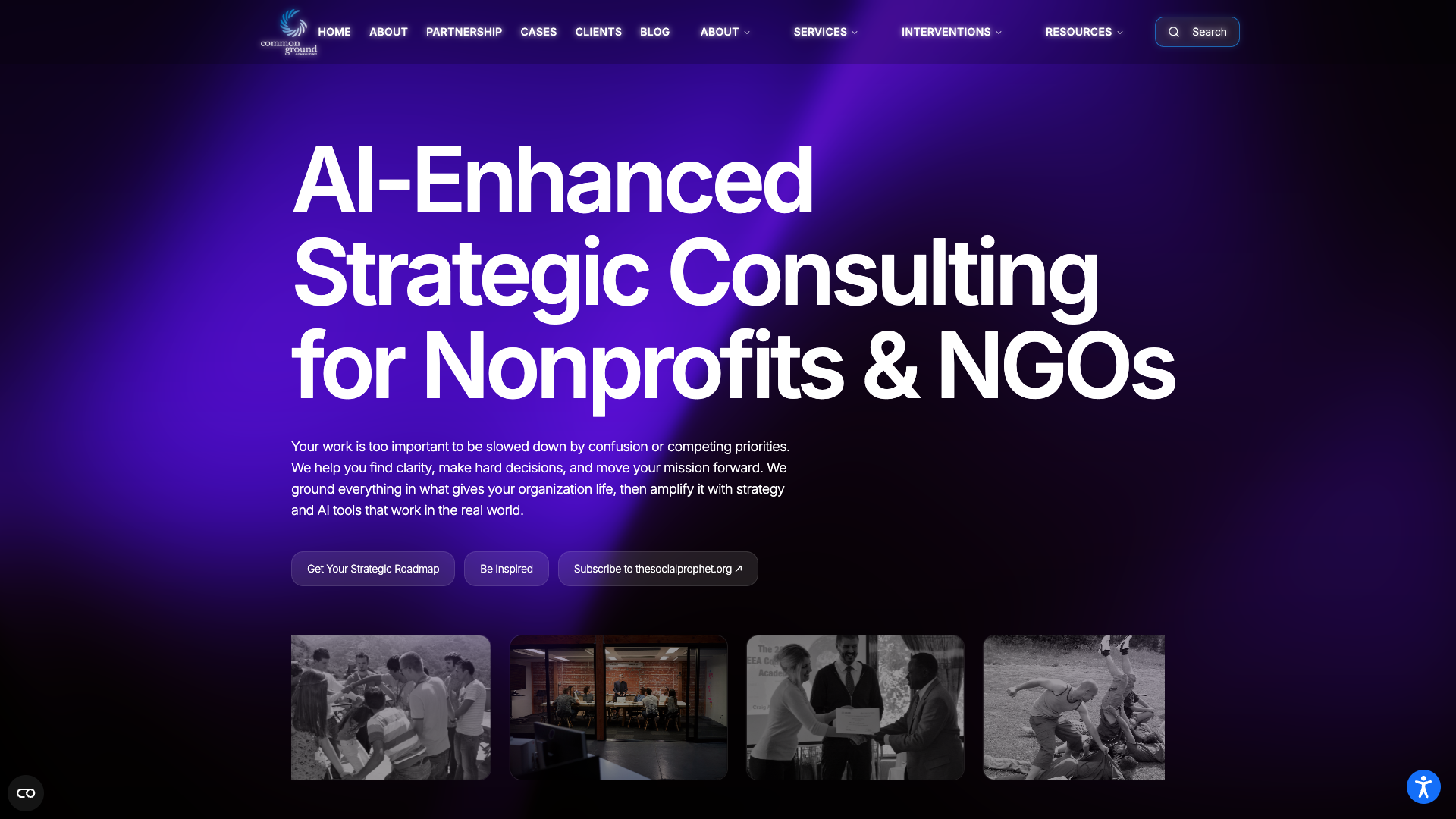 Common Ground Consulting homepage with strategic consulting headline, consultation links, and project photographs.