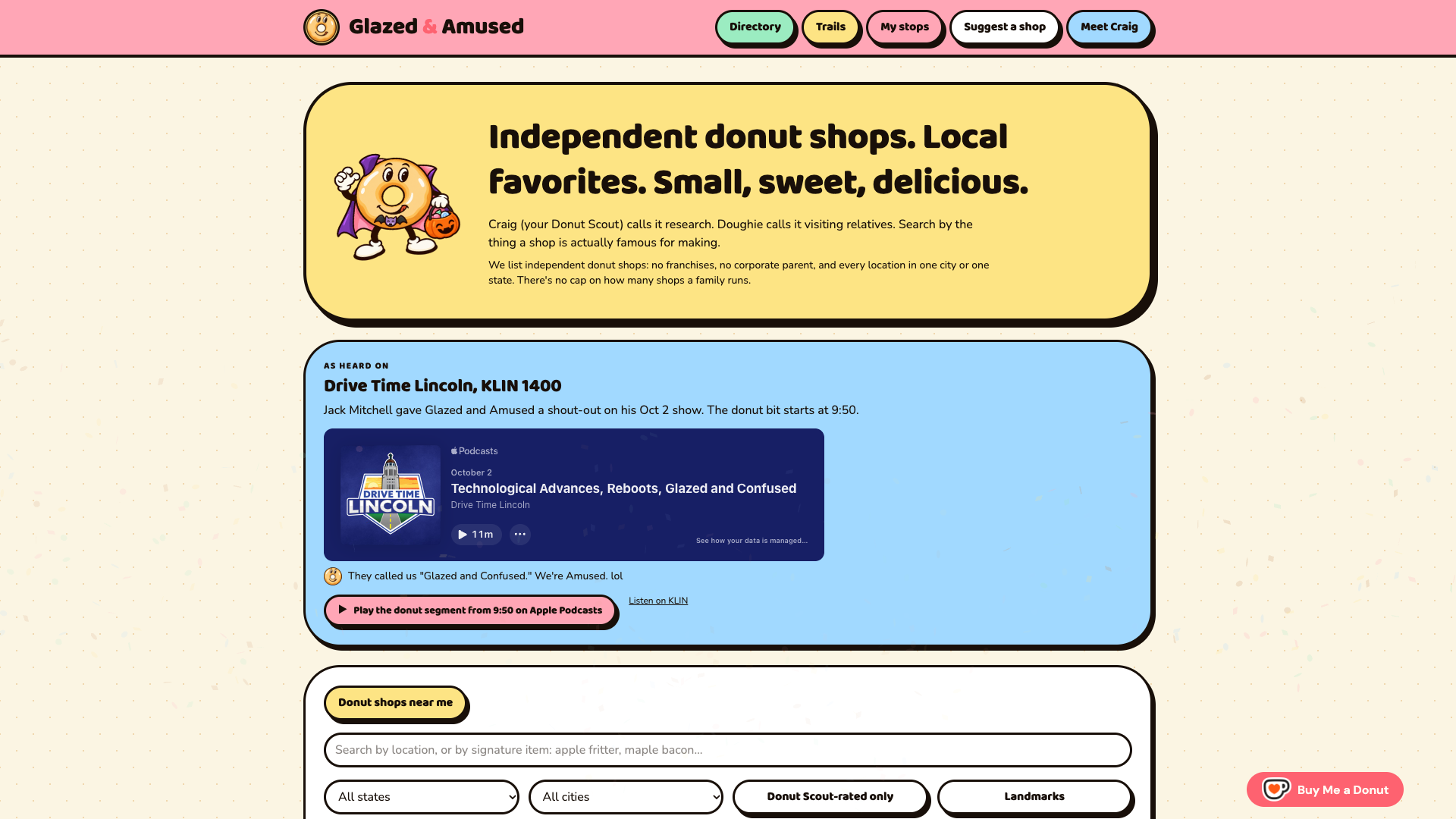 Glazed and Amused homepage with its donut mascot, radio feature, and shop-search controls.