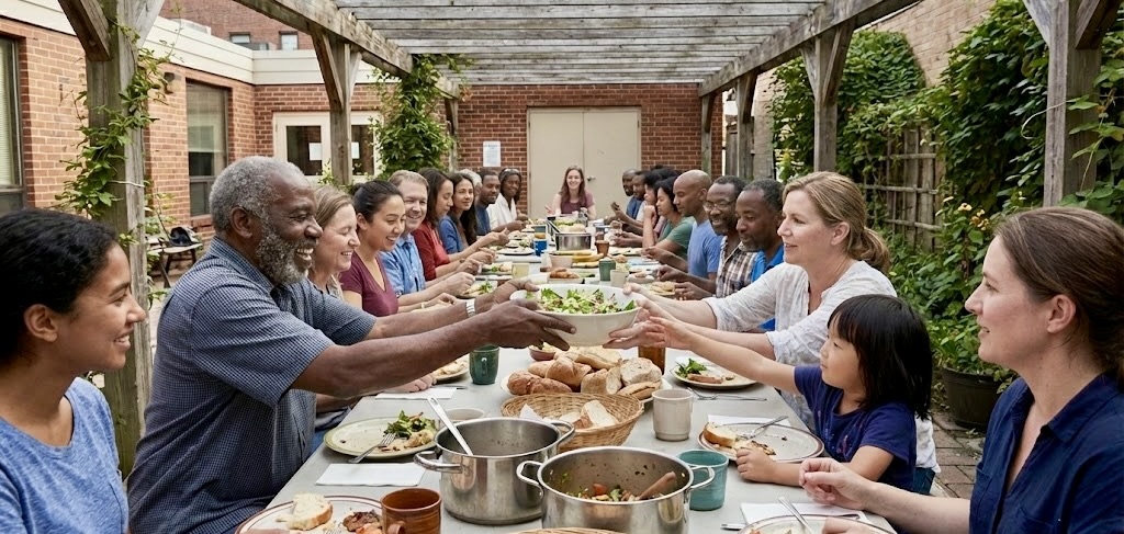 Diverse community sharing a meal together at a long outdoor table
